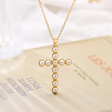 Light Luxury Pearl Cross Pendant Necklaces for Women Girls,Stylish Design Vintage Party Dating Jewelry