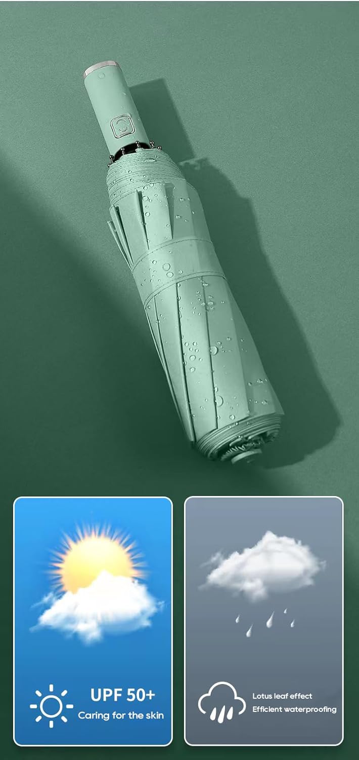 Green Umbrella Compact Strong Windproof Automatic Umbrellas, Folding Lightweight, Portable Travel Golf Umbrella for Rain, One Button Auto Open and Close