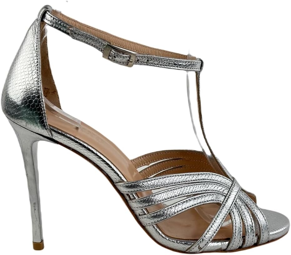 175129 Silver Leather Women's Heeled Shoes - Elevate your elegance with a buckle-adjustable strap and silver stiletto. Perfect for weddings, engagements, and special events, ideal for an evening dress ensemble.