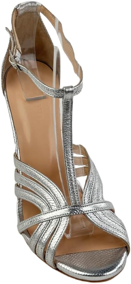 175129 Silver Leather Women's Heeled Shoes - Elevate your elegance with a buckle-adjustable strap and silver stiletto. Perfect for weddings, engagements, and special events, ideal for an evening dress ensemble.