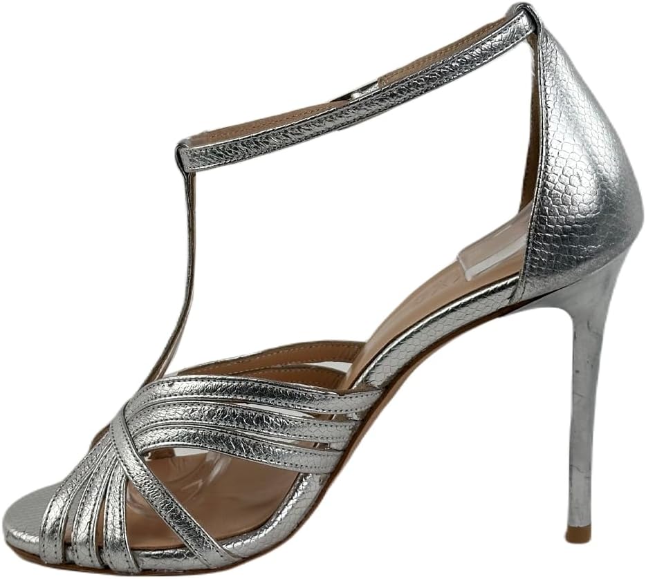 175129 Silver Leather Women's Heeled Shoes - Elevate your elegance with a buckle-adjustable strap and silver stiletto. Perfect for weddings, engagements, and special events, ideal for an evening dress ensemble.