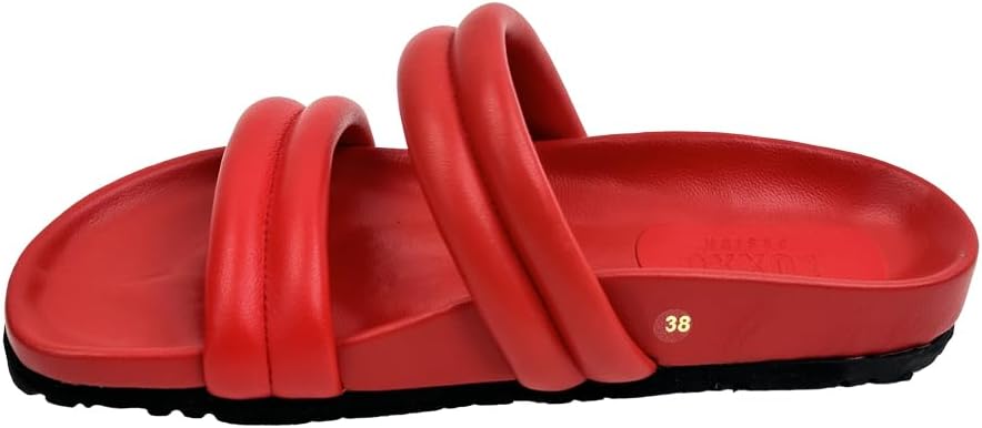 187375 Red Leather Women's Slippers - Step into luxury with these vibrant red slippers, crafted for comfort and style, adding a touch of elegance to your every step.