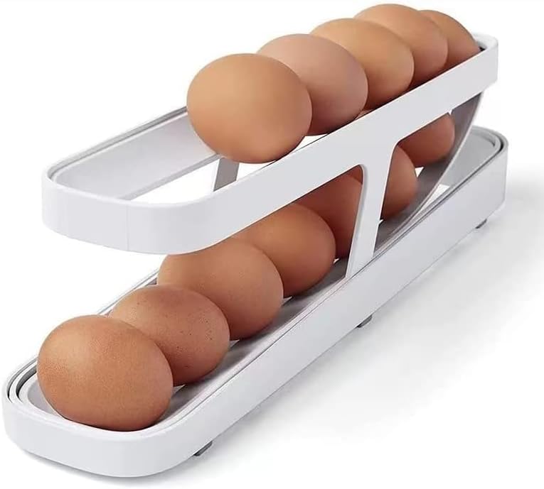 Refrigerator Rolling Egg Holder, 2 Tier Egg Rack Egg Storage Container Egg Storage Rolling Egg Dispenser Automatically Rolling Egg Storage Container For Kitchen Fridge Organization (White)