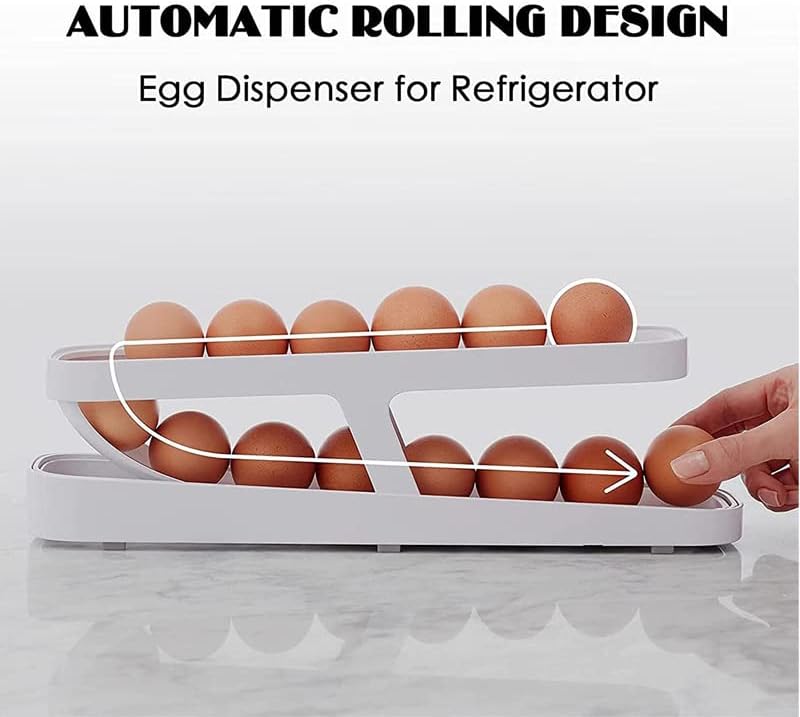 Refrigerator Rolling Egg Holder, 2 Tier Egg Rack Egg Storage Container Egg Storage Rolling Egg Dispenser Automatically Rolling Egg Storage Container For Kitchen Fridge Organization (White)