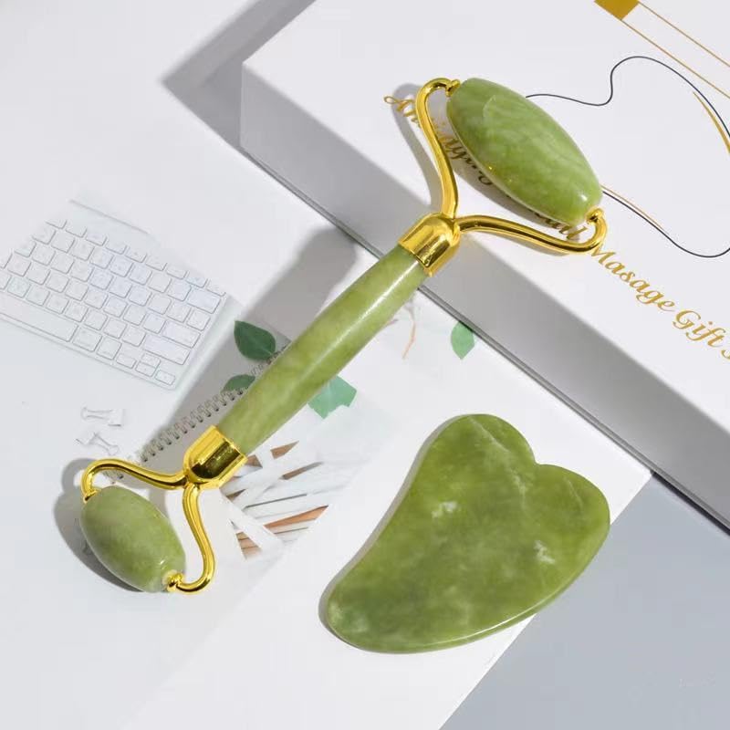 100% Natural Facial Massage Roller Rose Quartz Face Jade Roller Gua Sha Set with Box