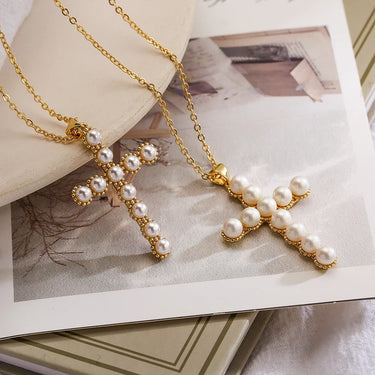 Light Luxury Pearl Cross Pendant Necklaces for Women Girls,Stylish Design Vintage Party Dating Jewelry