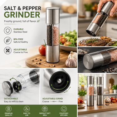 Salt and Pepper Grinder 2 in 1 Manual Stainless Steel Salt Pepper Mills with Adjustable Ceramic Grinding Spice Mill Kitchen Tool