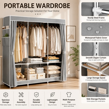 Portable Closet,Portable Wardrobe Closet Storage with 3 Hanging Rods,6 Storage Shelves,Side Pocket for Clothes Storage Organizer,Gray