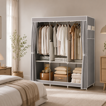 Portable Closet,Portable Wardrobe Closet Storage with 3 Hanging Rods,6 Storage Shelves,Side Pocket for Clothes Storage Organizer,Gray