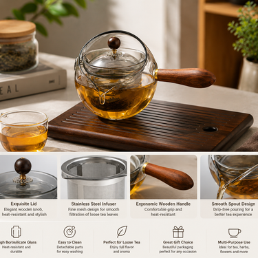 Semi-Automatic Rotary Heat-Resistant Glass Teapot Lazy Tea Making with Infuser and Wooden Handle Office Home Accessories Kitchen Gadgets