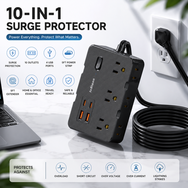 10-IN-1 Überspannungsschutz mit 6 Steckdosen, 4 USB-Anschlüssen, 1,5m Mehrfachsteckdosenleiste, Netzadapter für Zuhause, Büro, Schule, Reisen und Zimmer