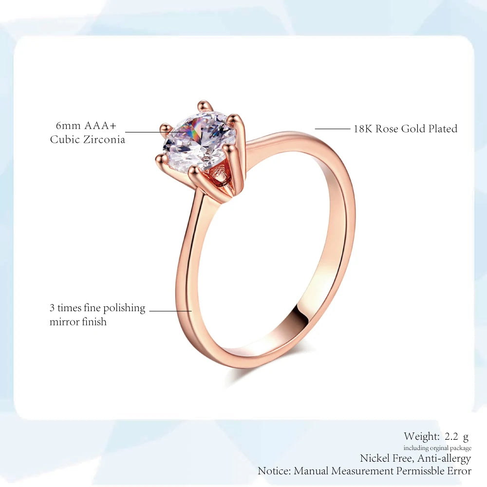 Wedding Ring For Women Rose Gold Color Six Claw Cubic Zirconia Round Cut 1 Carat 6mm Fashion Jewelry R013 R014