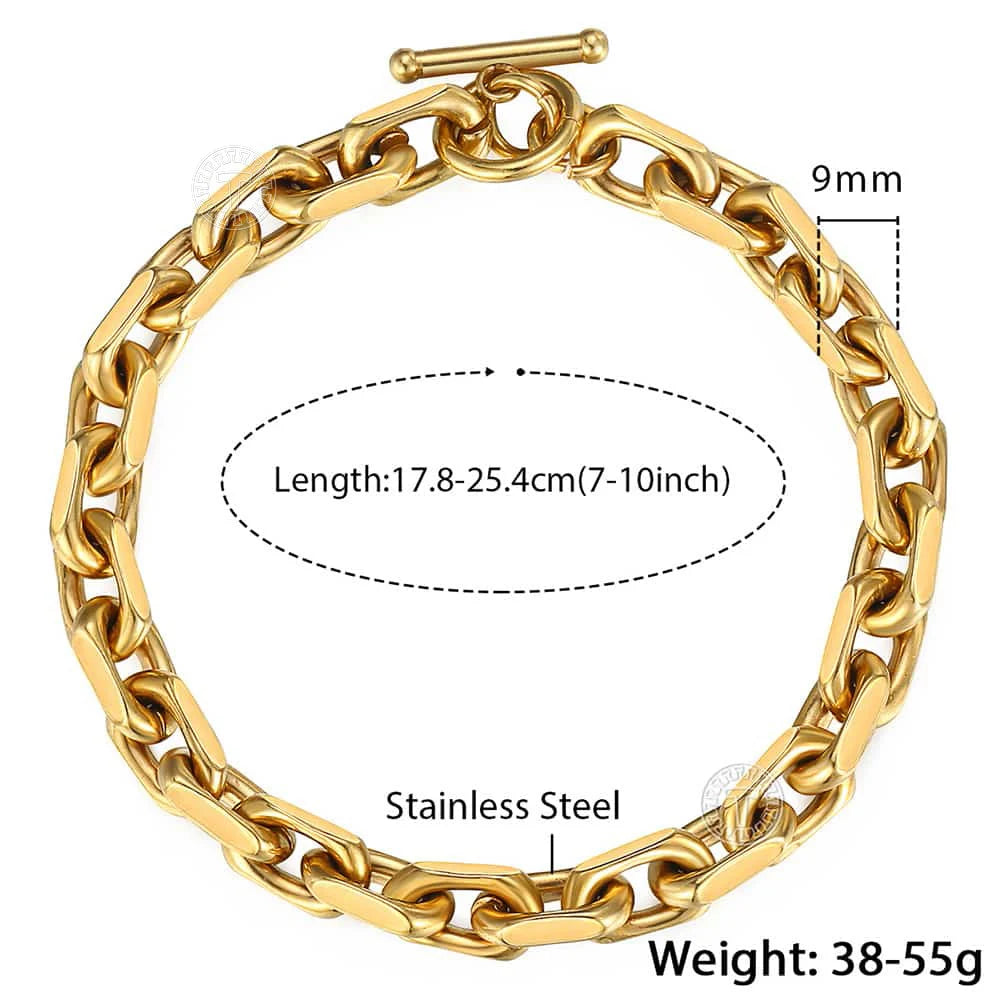 Bracelet for Men 9mm Stainless Steel Cable Link Chain Bracelets Fashion Male Jewelry Gold Color Black TO Clasp 7-11" KBB11