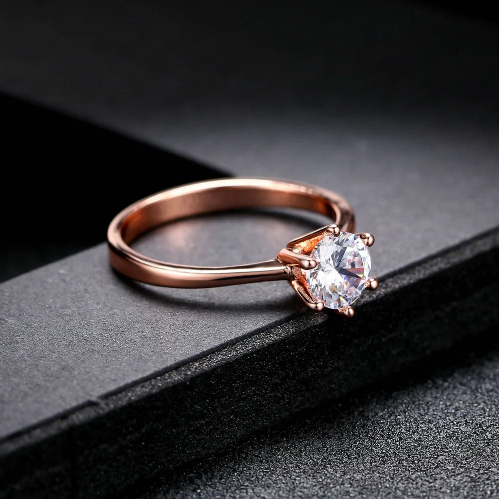 Wedding Ring For Women Rose Gold Color Six Claw Cubic Zirconia Round Cut 1 Carat 6mm Fashion Jewelry R013 R014