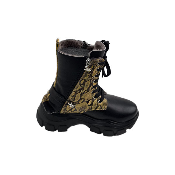 Black Leather - Gold Snake Special Design Genuine Leather Crocodile  Women's Boots/Sandals- Authentic Crocodile Leather, Combining Elegance and Style for a Distinct and Fashionable Look