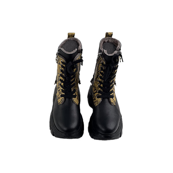 Black Leather - Gold Snake Special Design Genuine Leather Crocodile  Women's Boots/Sandals- Authentic Crocodile Leather, Combining Elegance and Style for a Distinct and Fashionable Look