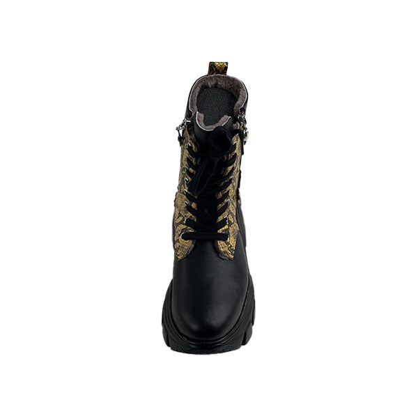 Black Leather - Gold Snake Special Design Genuine Leather Crocodile  Women's Boots/Sandals- Authentic Crocodile Leather, Combining Elegance and Style for a Distinct and Fashionable Look